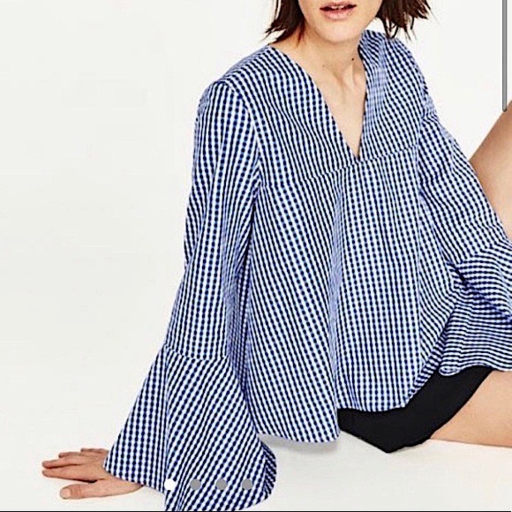 Zara Blue Gingham Woven Blouse Bell Sleeves S
